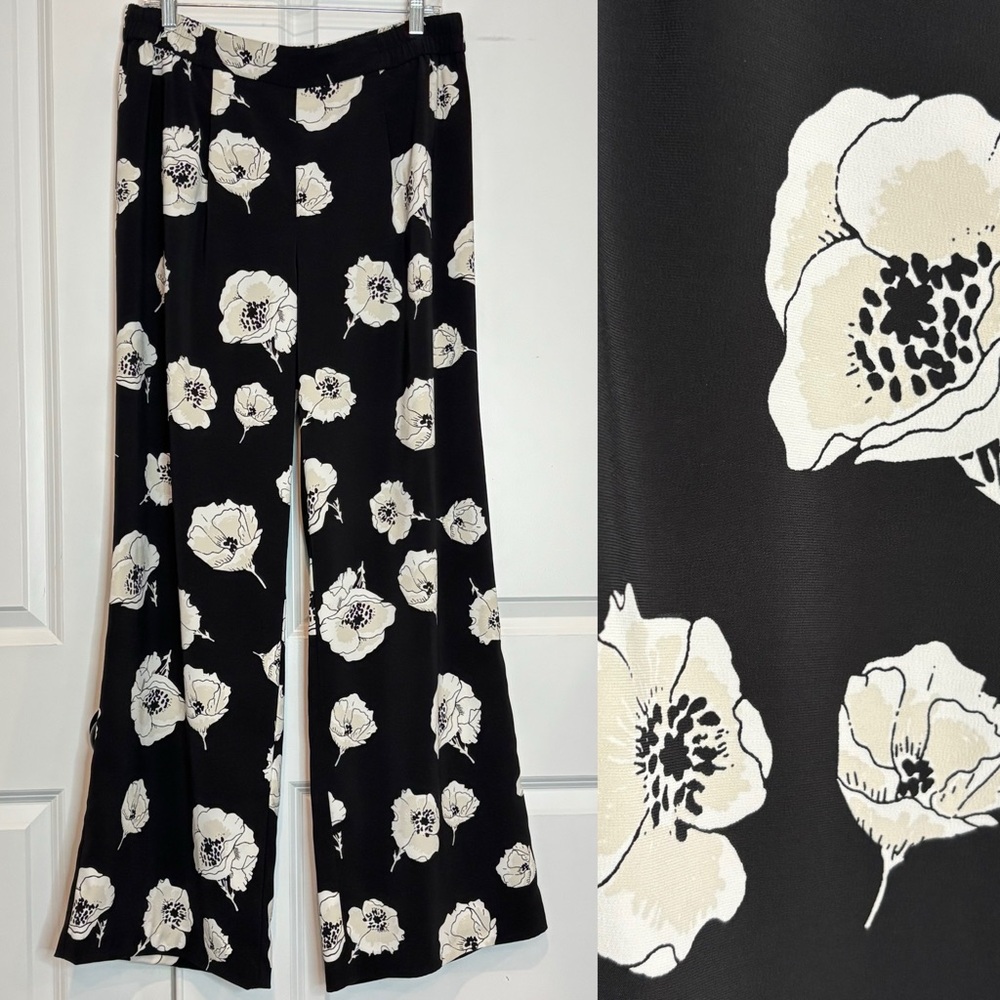Cato Black White Tan Floral Elastic Waist Wide Leg Pants 14/16W